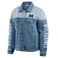 thumbnail image 2 of Women's WEAR by Erin Andrews Denim Michigan Wolverines Sleeve Hit Colorblock Button-Down Denim Jacket, 2 of 5