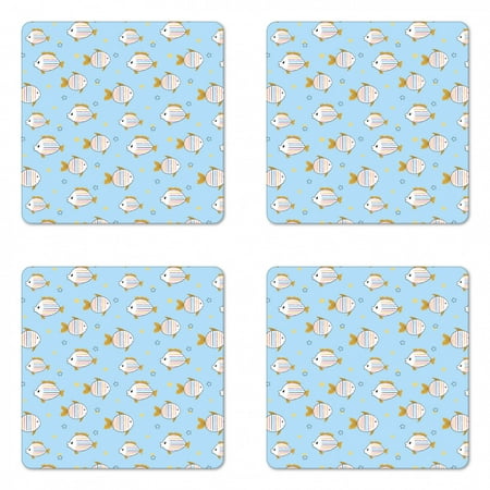 

Nursery Coaster Set of 4 Childish Fishes Swimming Underwater Stars Pastel Colors Cartoon Print Square Hardboard Gloss Coasters Standard Size Sky Blue and Pale Coffee by Ambesonne