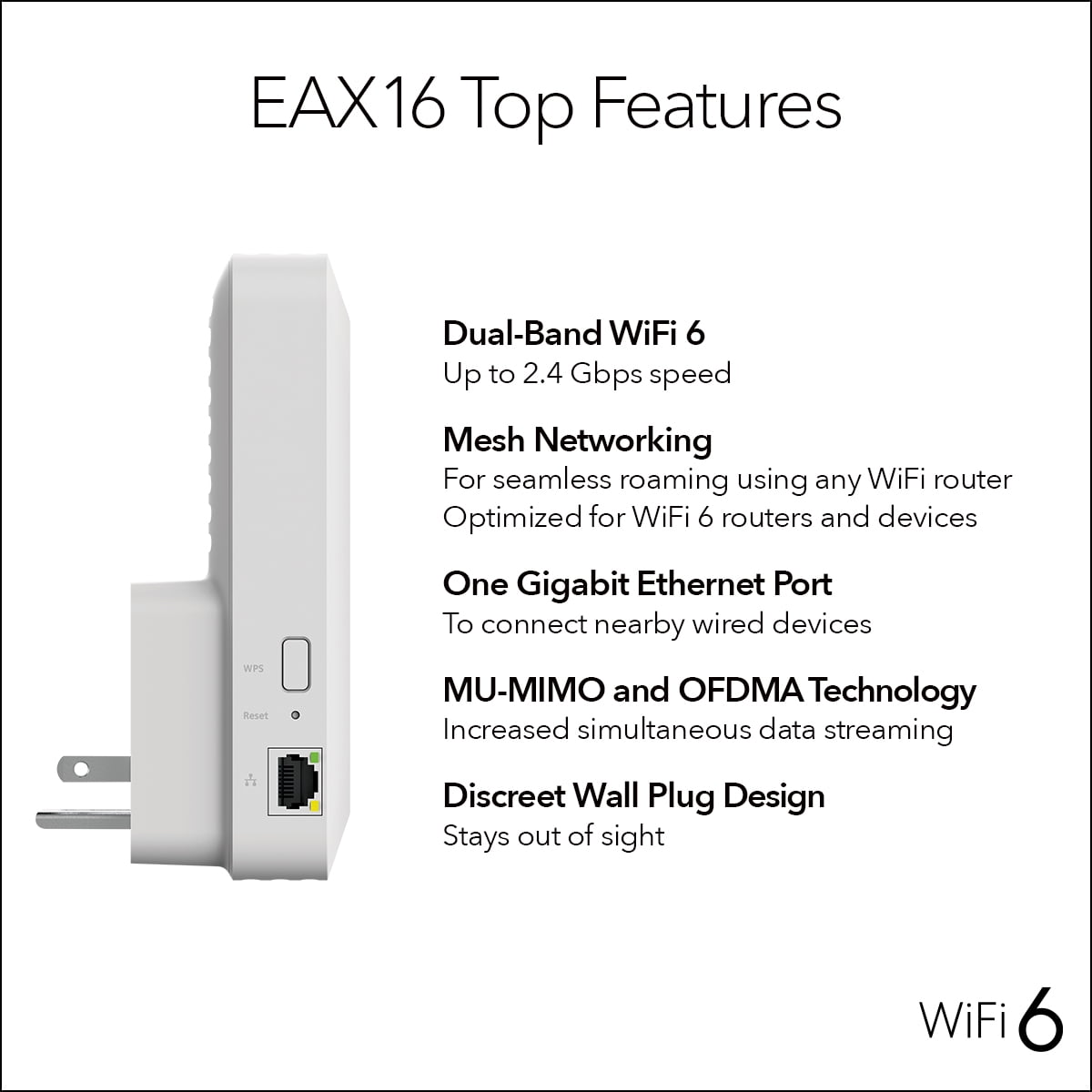 NETGEAR - AX2400 WiFi 6 Mesh Range Extender and Signal Booster, Wall-Plug, 2.4Gbps  (EAX16)