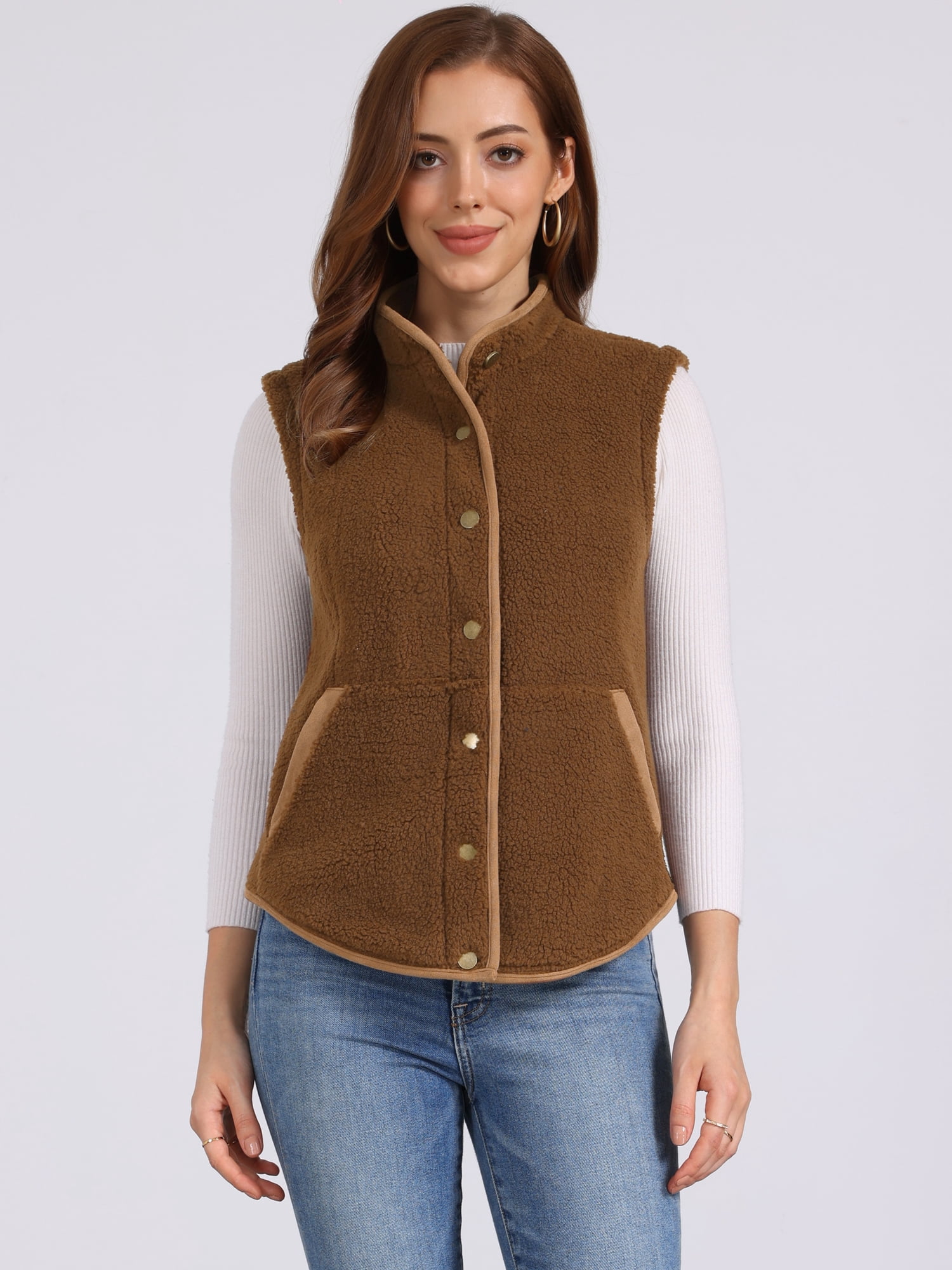 DARING DIVA Women's Fleece Button Down Jacket with Pockets Oversized Fuzzy Vests S Dark Brown