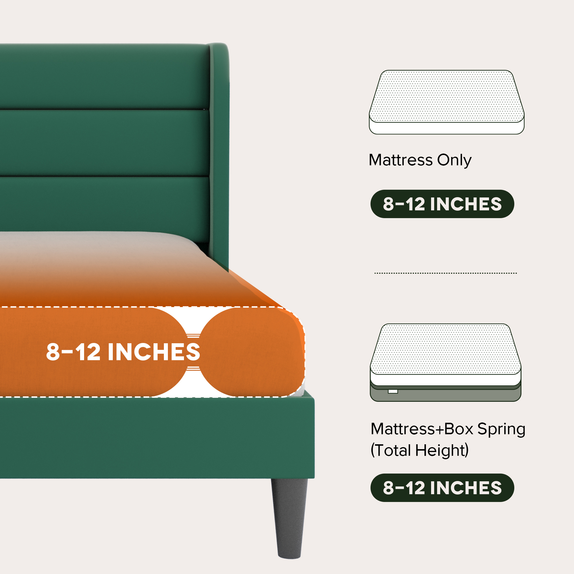 Einfach Full Size Luxury Velvet Upholstered Platform Bed Frame with Wingback Headboard, Green