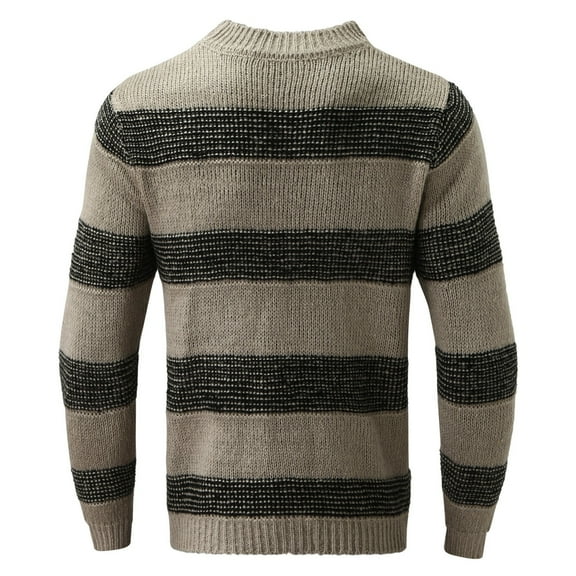 Mens Sweater, Casual Pullover Striped Round Neck Knitted Sweater Jacket, Autumn Winter Daily Wear, Soft Knit Fabric, Comfortable Outerwear, Trendy Men's Clothing