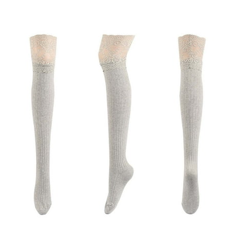 

JeashCHAT Spring Autumn Women Solid Color Warm Lace Lengthened Over-the-knee Socks Stockings
