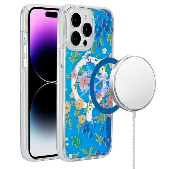Designed for Apple iPhone 15 Pro (6.1") Stylish IMD Design Pattern [Magnetic Circle Compatible with MagSafe] Hybrid Slim Hard PC Shockproof Phone Case Cover [Blue Flowers]