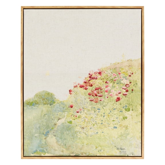 Beautiful by Drew Field of Poppies Isles of Shoals Framed Linen Wall Art by Childe Hassam, Embroidered Floral Landscape Artwork, Hickory L-Frame, 16.875 x 20.875 in