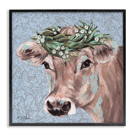 Stupell Industries Farmhouse Charming Rural Cow Portrait Floral Crown Black Framed Giclee Art, 12 x 12, by Michele Norman