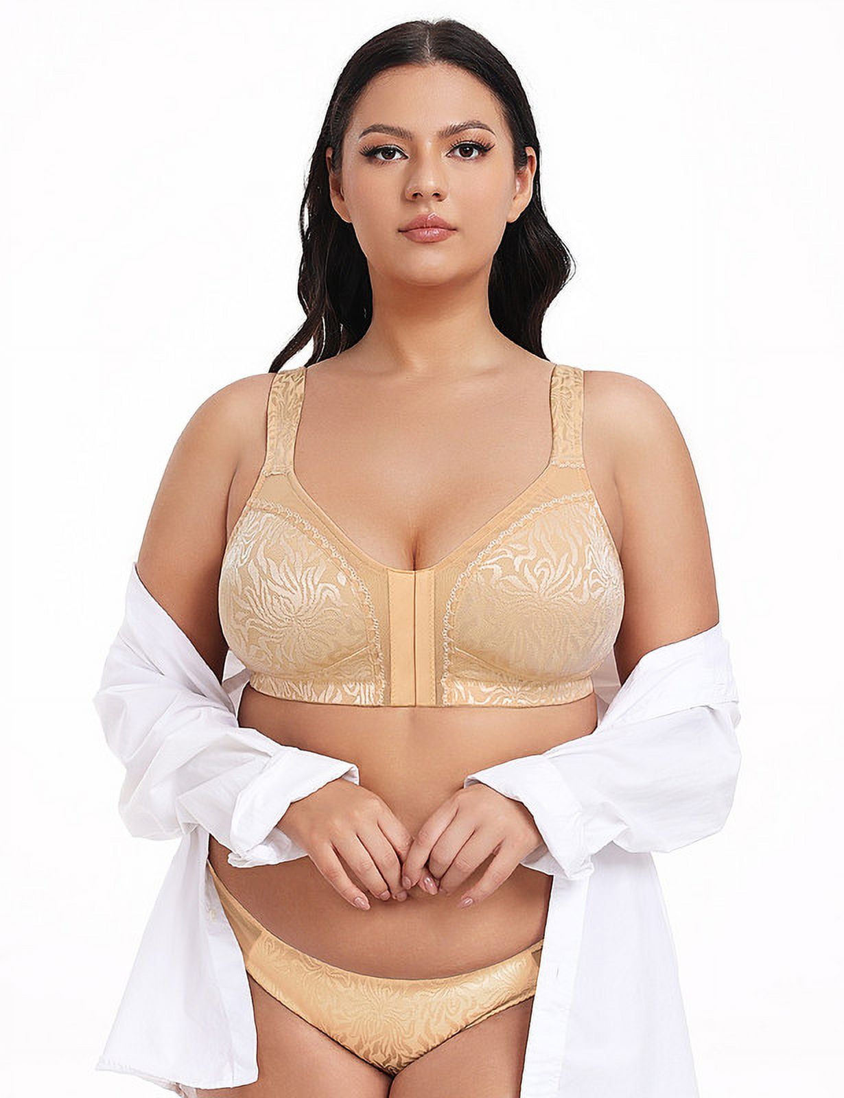 WingsLove Front Fastening Bras for Women Minimizer Wireless Non Padded Full Coverage Back Support Plus Size Bras (Dark Nude,42C)