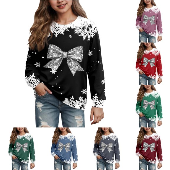 Byoo Tween Girls Silver Bow Snowflake Sweatshirt Crewneck Long Sleeve Holiday Casual Pullover Sweatshirt,Black