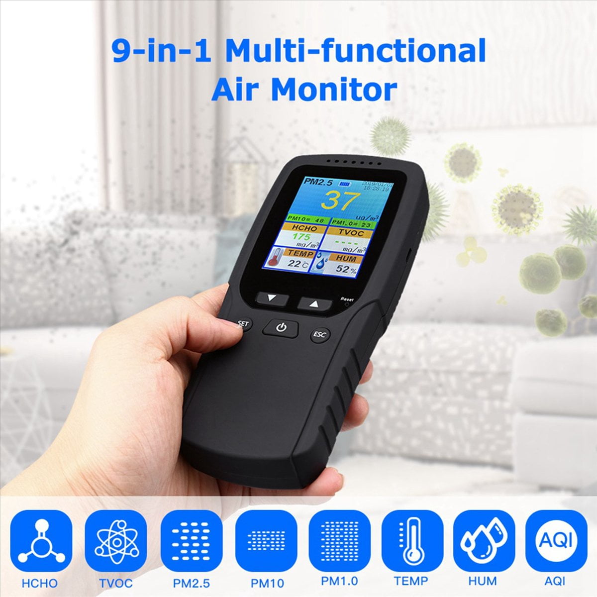 2X 9 in 1 Air Quality Monitor Indoor Outdoor PM2.5, PM1.0, PM10, HCHO, Detector Tester Temperature and Humidity Sensor