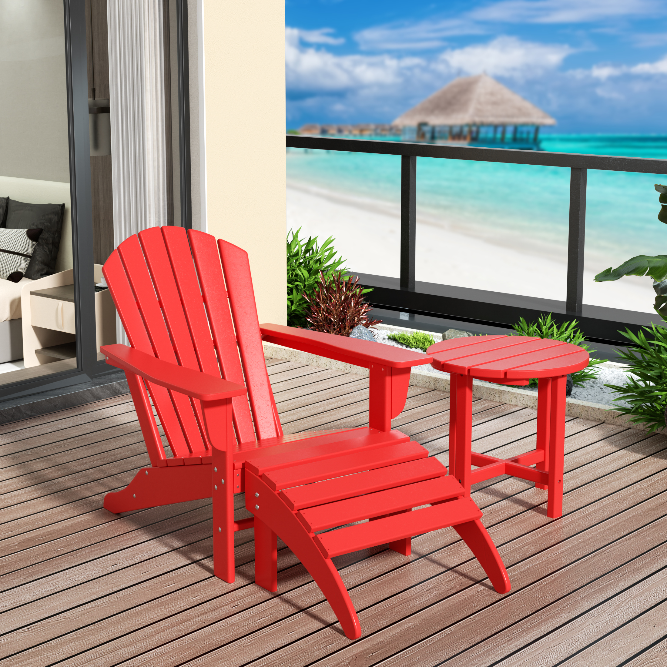 WestinTrends Dylan Outdoor Lounge Chairs Set of 2, 5 Pieces Seashell Adirondack Chairs with Ottoman and Side Table, All Weather Poly Lumber Outdoor Patio Chairs Furniture Set, Red - image 3 of 9