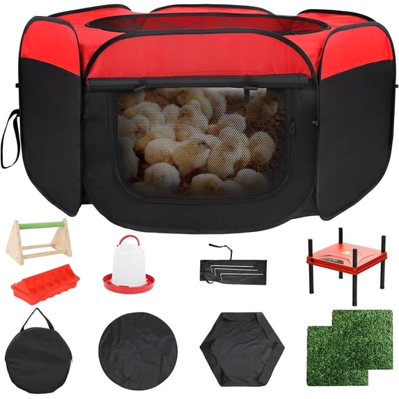 Chicken Coop Starter Kit Brooder Box for Chicks Starter Kit Collapsible Playpen Brooding Box with Heater Plate, Chicken Waterer, Feeder, Perch