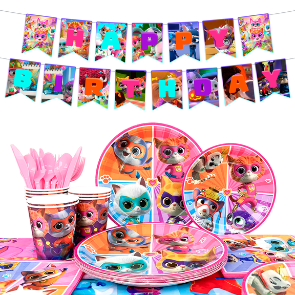 Super Kitties Party Supplies,128Pcs Super Kitties Party Tableware Kit-Super Kitties Tablecloth Plates Cups Napkins ect Super Kitties Party Supplies for Girls Birthday Party