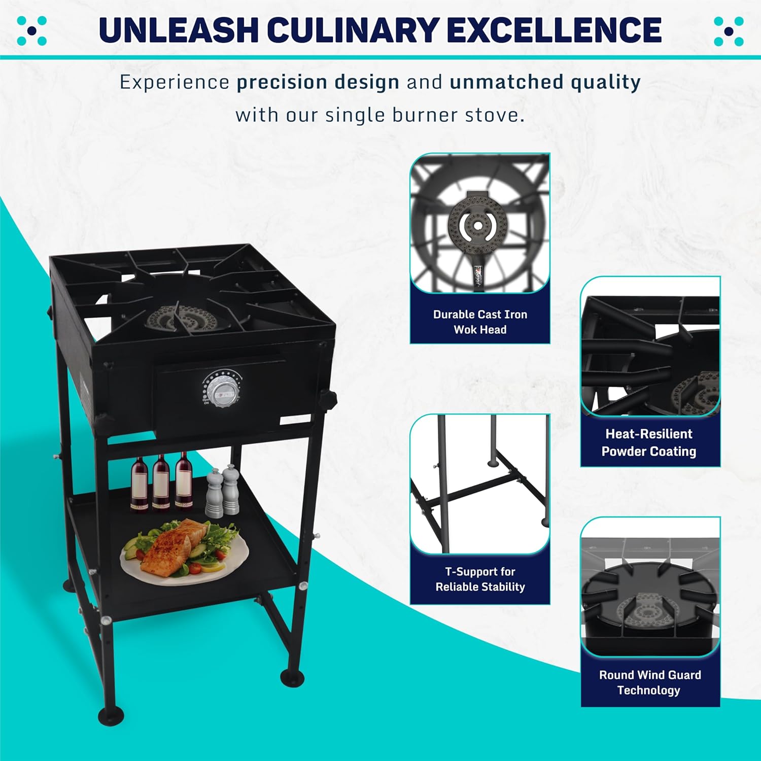 SONRET - One Burner Propane Camping Stove - 1,30,000 BTU -  with Adjustable Bottom Shelf