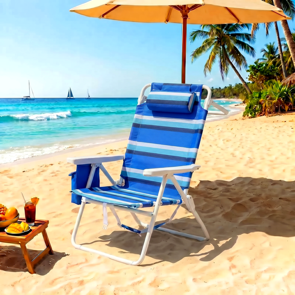 Pirecart Folding Tall Beach Chair, Height 17" Beach Chair W/ 5-Position Lay Flat, Headrest, Cooler Pouch, Blue and White Stripes