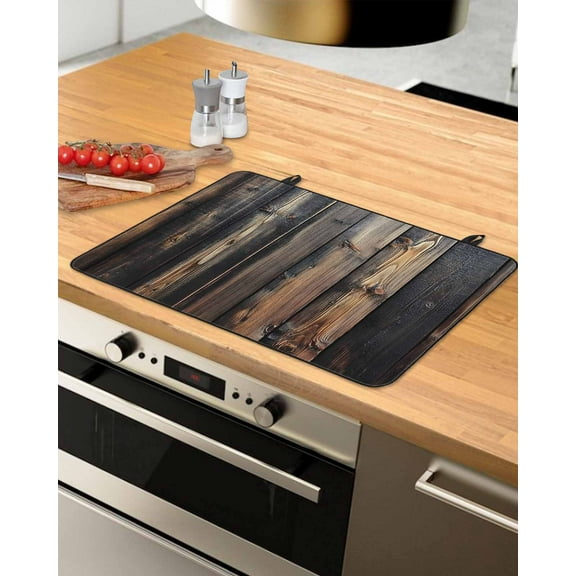 nqOlkjepod Large Induction Cooktop Protector Mat 36"x21", Black Brown Plank Stove Top Covers for Electric Stove, Vintage Chic Wooden Grain Decorative Stove Burner Cover Mats, Glass Top Stove Cover