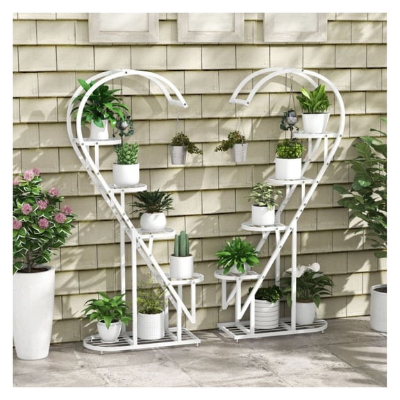 5 Tier Metal Plant Stand, Indoor Outdoor Plant Shelves with Hooks - Black/White/Pink & Blue - 27" x 12" x 58" - Flower Pot Display Rack