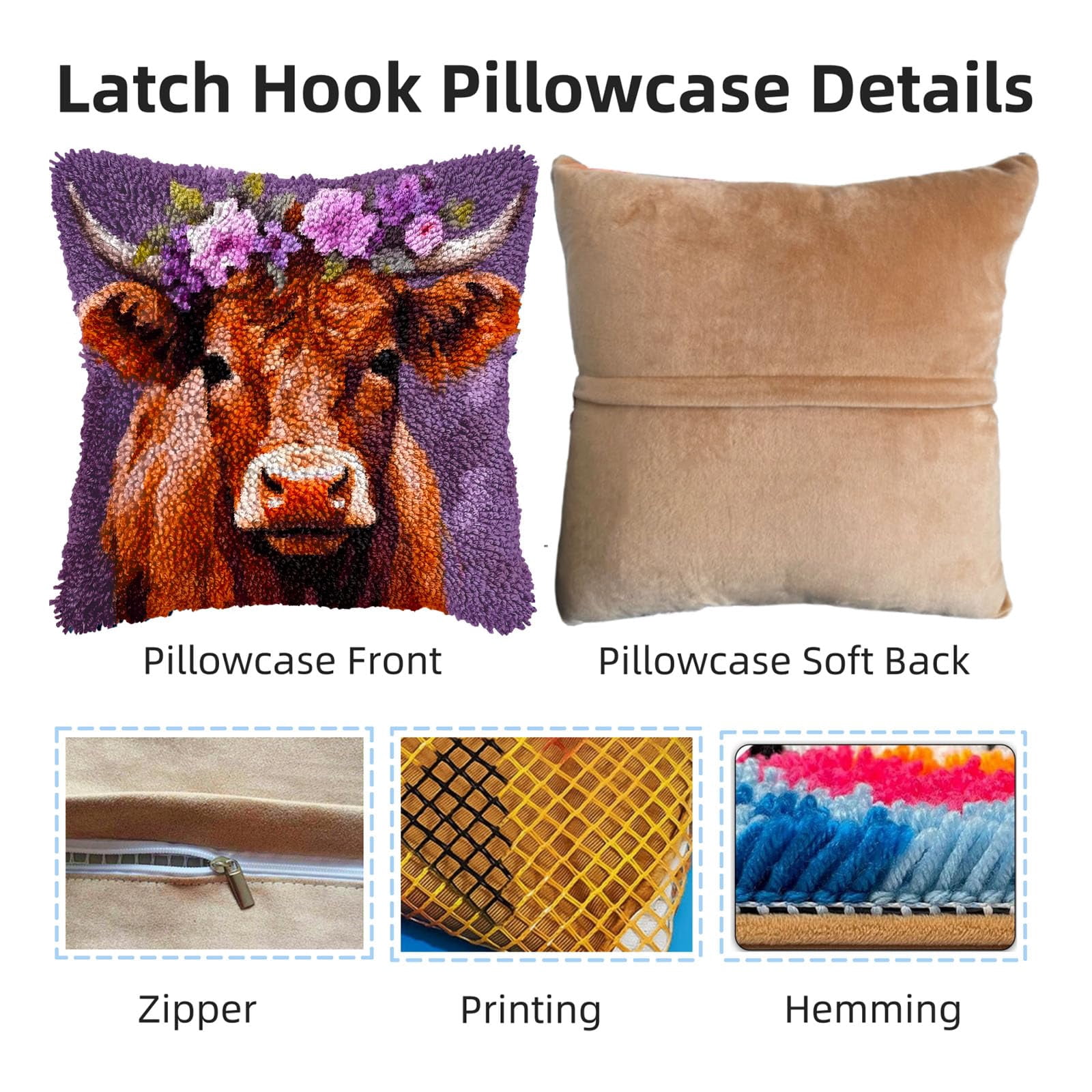 Jersey Cow Wear Wreath DIY Latch Hook Pillow Kits for Adults Printed Pillowcase Crochet Yarns Hooking Handmade Pillow Cover Cushion for Home Sofa Decoration 17x17inch