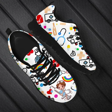 

2023 New Nurse Shoes Classic Cartoon Nurse Girls Ambulance ECG Medical Pattern Lace-up Sneakers Outdoor Footwear Hot