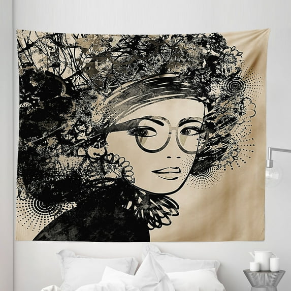 Women Tapestry, Monochrome Style Abstract Vintage Retro Fashion Lady with Grunge Afro Hair Print, Fabric Wall Hanging Decor for Bedroom Living Room Dorm, 5 Sizes, Ecru and Black, by Ambesonne