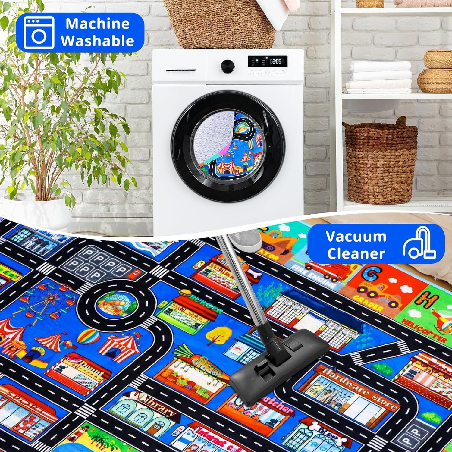 ABC Transportation Kids Rugs 59"×39.4" Animals Play Mat for Toy Cars Playroom