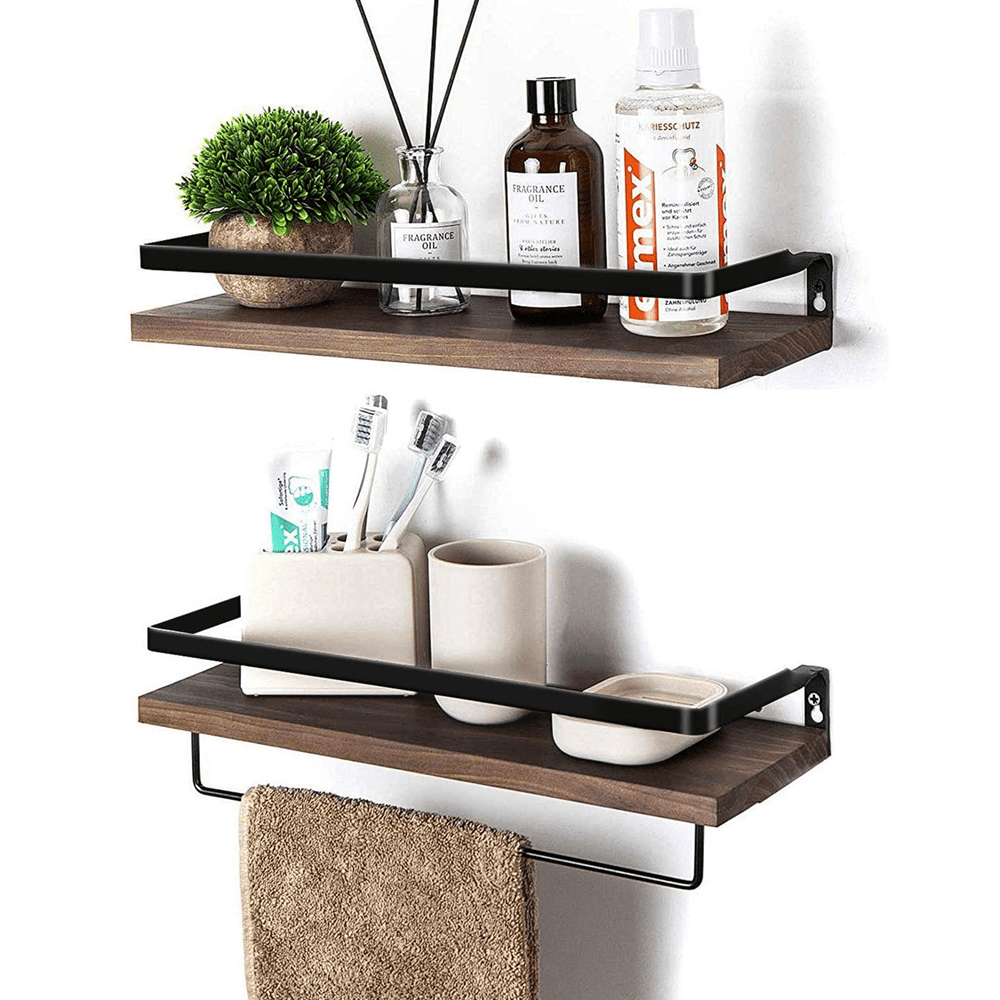 2Pcs Wooden Floating Shelves, Wall Shelves Bathroom Shelf Set of 2 with Removable Towel Holder