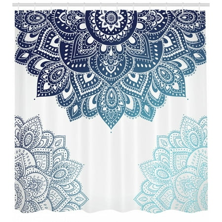 - Henna Shower Curtain, South Asian Mandala Design with Vibrant Color Ornamental Ethnic Illustration, Fabric Bathroom Set with Hooks, Dark Blue Pale Blue, by Ambesonne