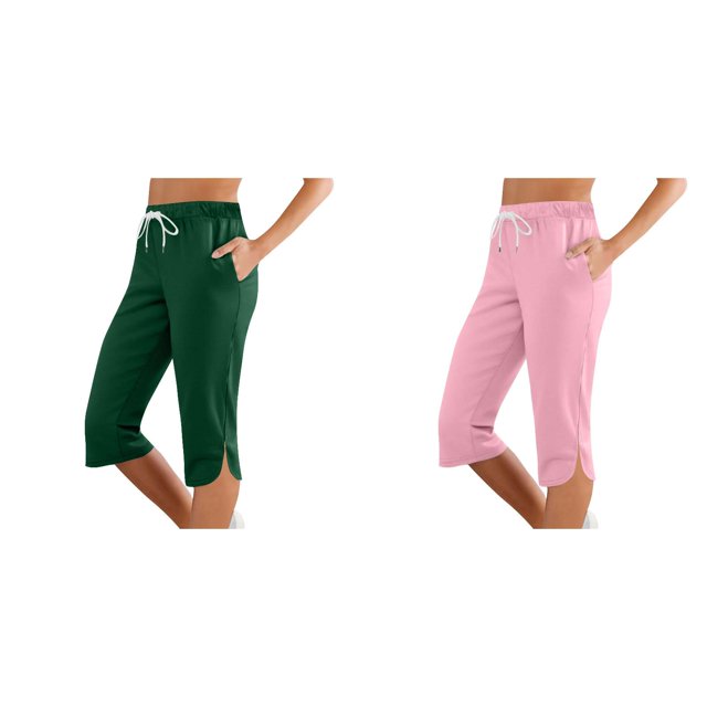 (2-Pack) Rinsvye Women'S Slim Fit Capris Pure Color Mid-Length Trousers Stretchy Work Pants Comfortable -Pants Casual Wear