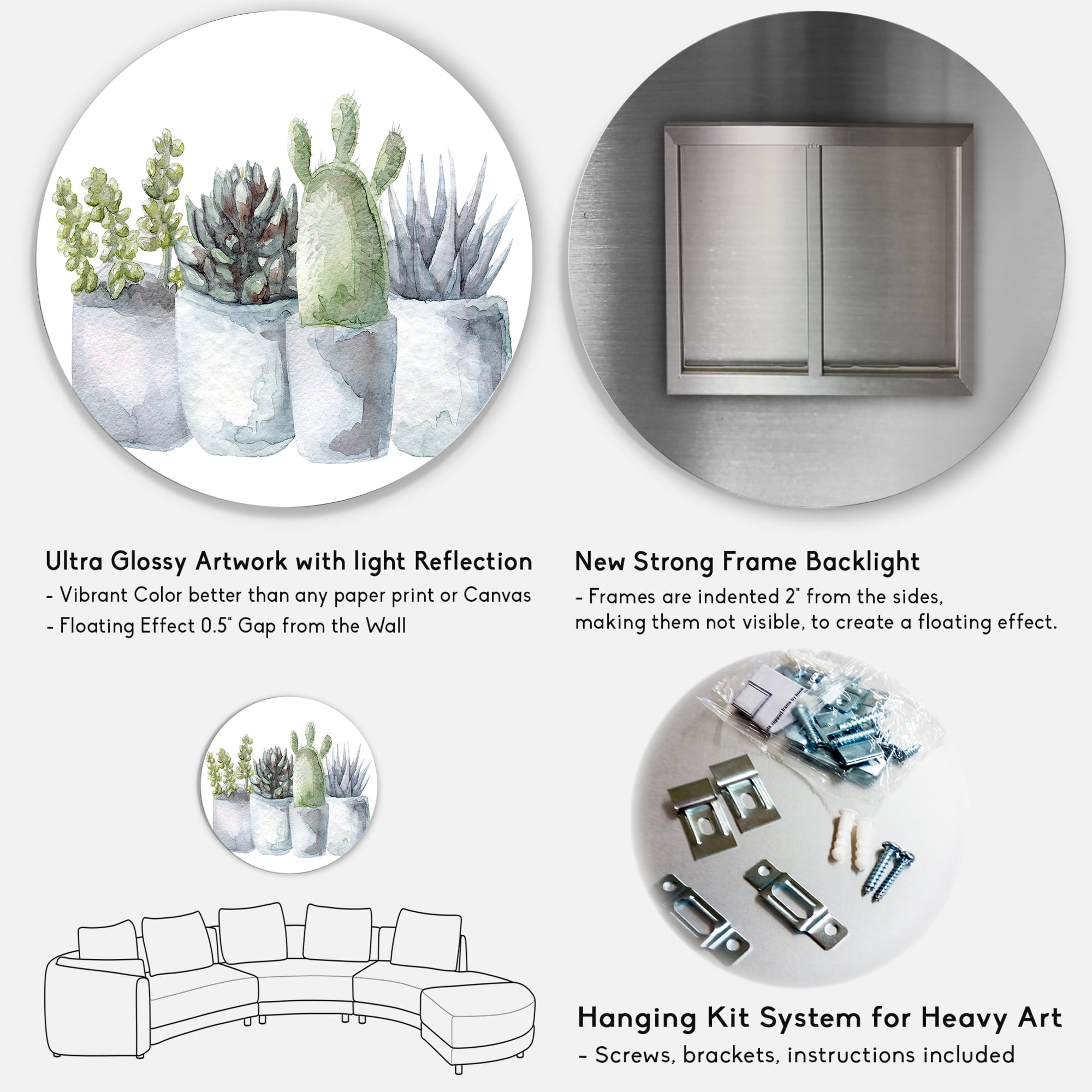 Designart 'Succulent and Cactus House Plants I' Farmhouse Circle Metal Wall Art 11x11 - Disc of 11