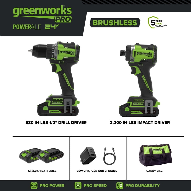 Greenworks Pro 24V 530 lbs Drill/Driver and 2,200 lbs Impact