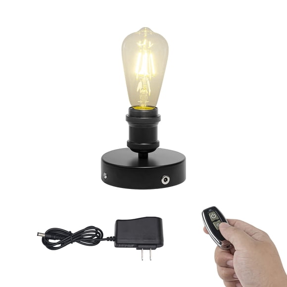 FSLiving Rechargeable Baterry Operated Bedside Table Lamp with Remote Control Simple Vintage Design Desk Light Black Metal E26 Base Nightlight for Dorm Home Reading Bedroom Nightstand - 1 Pack