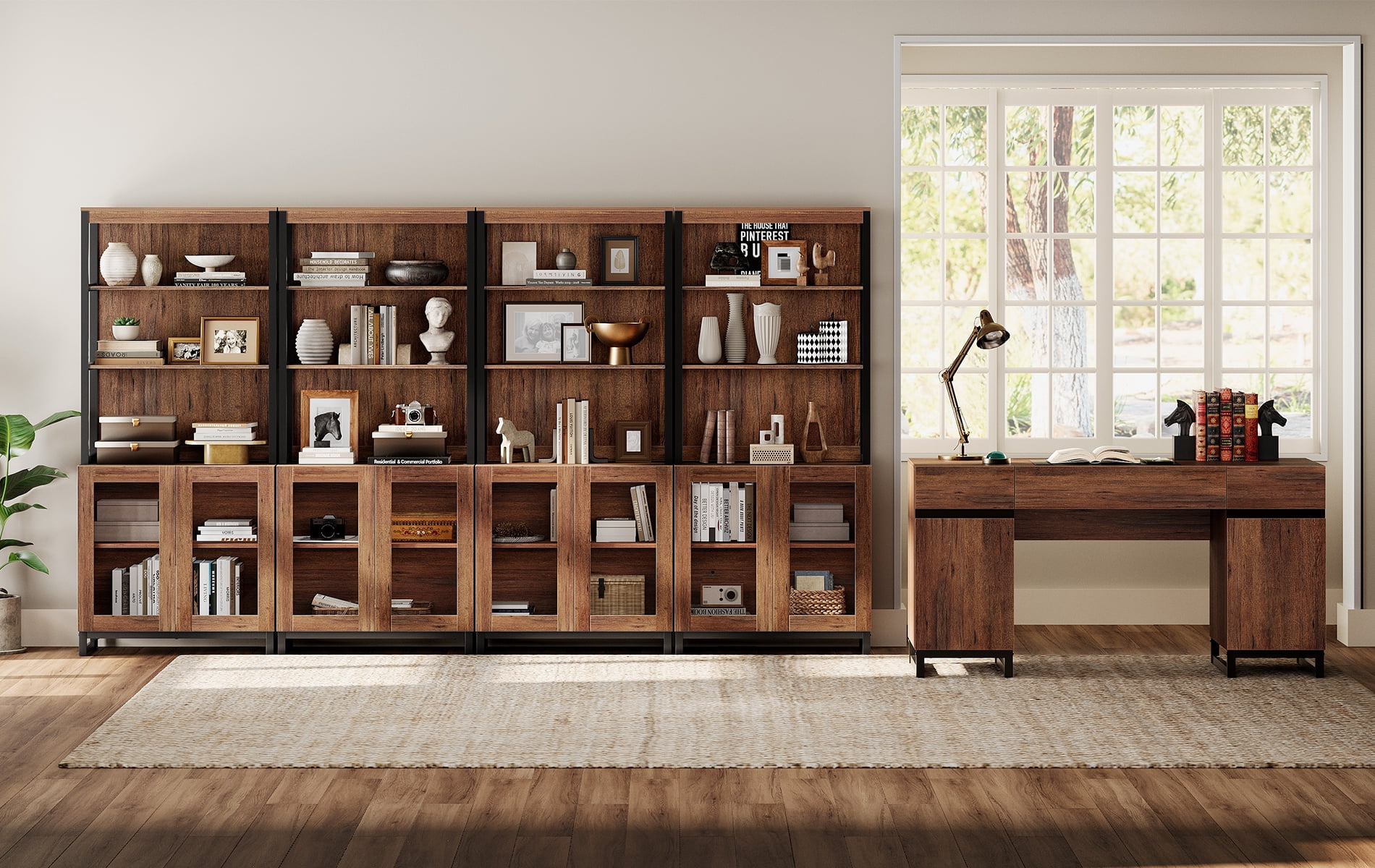 WAMPAT Office Furniture Set: 59" Executive Desk with Charging Station and Storage Cabinet, Four 72" Tall Bookcases, Modern Computer Desk and Library Shelf for Work Study, Brown