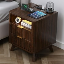 Nightstand with Charging Station, Fluted Nightstand with LED Lights, Modern Rustic Side Table with 2 Storage Drawers, Wooden End Table for Bedroom, Walnut