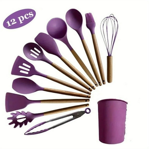 12 Pcs Silicone Kitchen Utensils Set with Holder Wooden Handles Heat Resistant & BPA Free & Non-Toxic