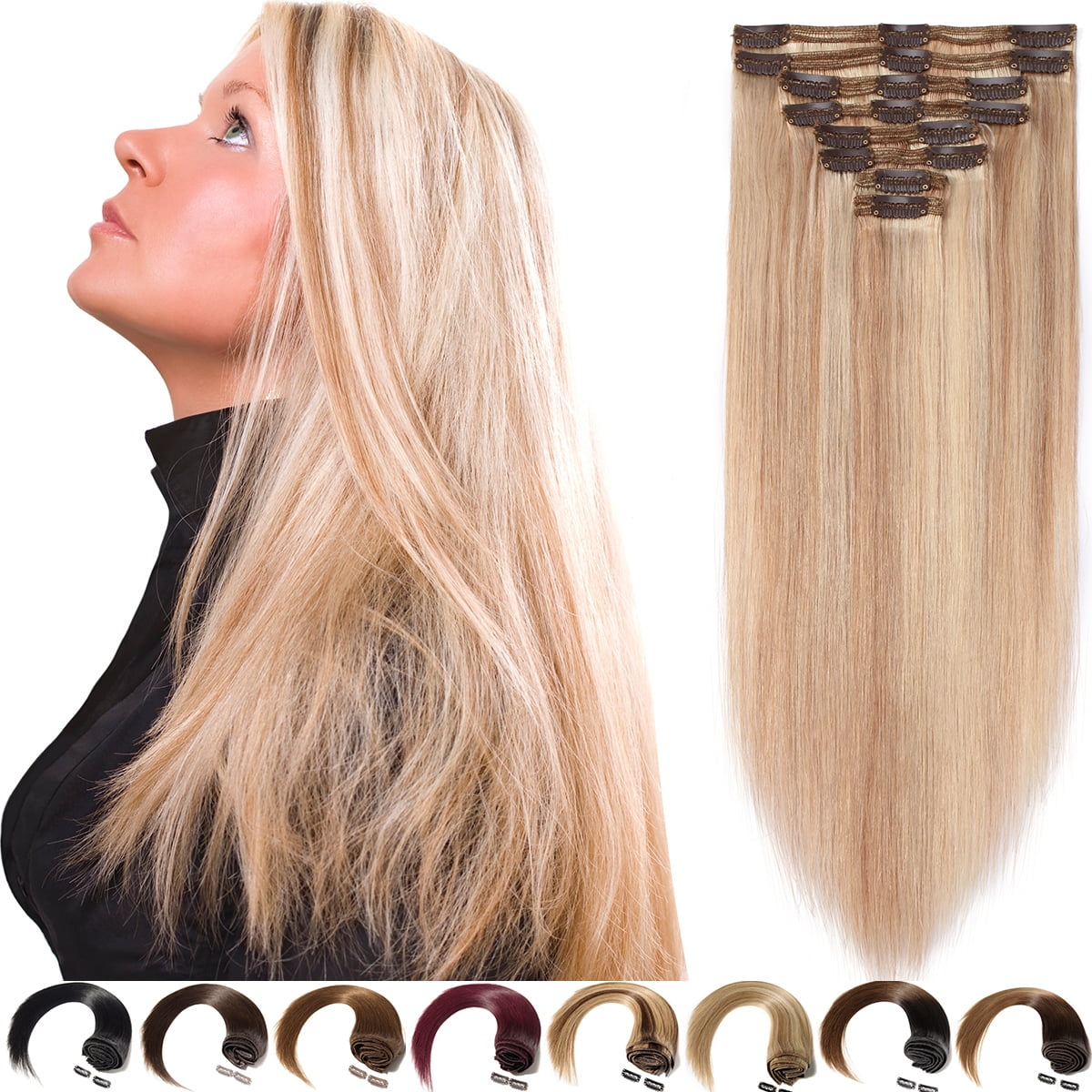 SEGO Clip in Hair Extensions Human Hair 100% Real Remy Hair 10-24 inch Full Head Thick Hair Pieces Silky Straight Balayage Hair Cleanrance