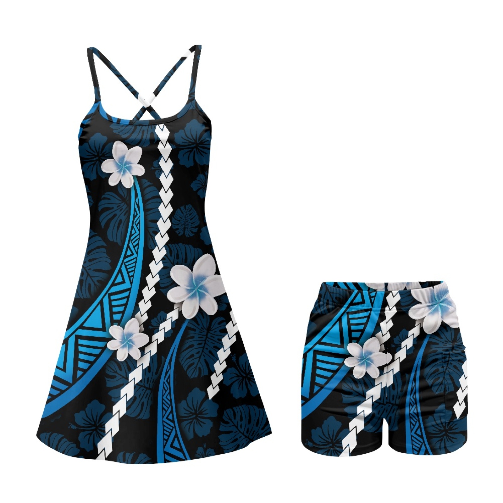 Yuyamidu Blue Polynesia Women's Workout Golf Dress Built-in Shorts with Pockets Hibiscus Sleeveless Open Back Tennis Active Dresses 2 Piece Sets Outfits Size M