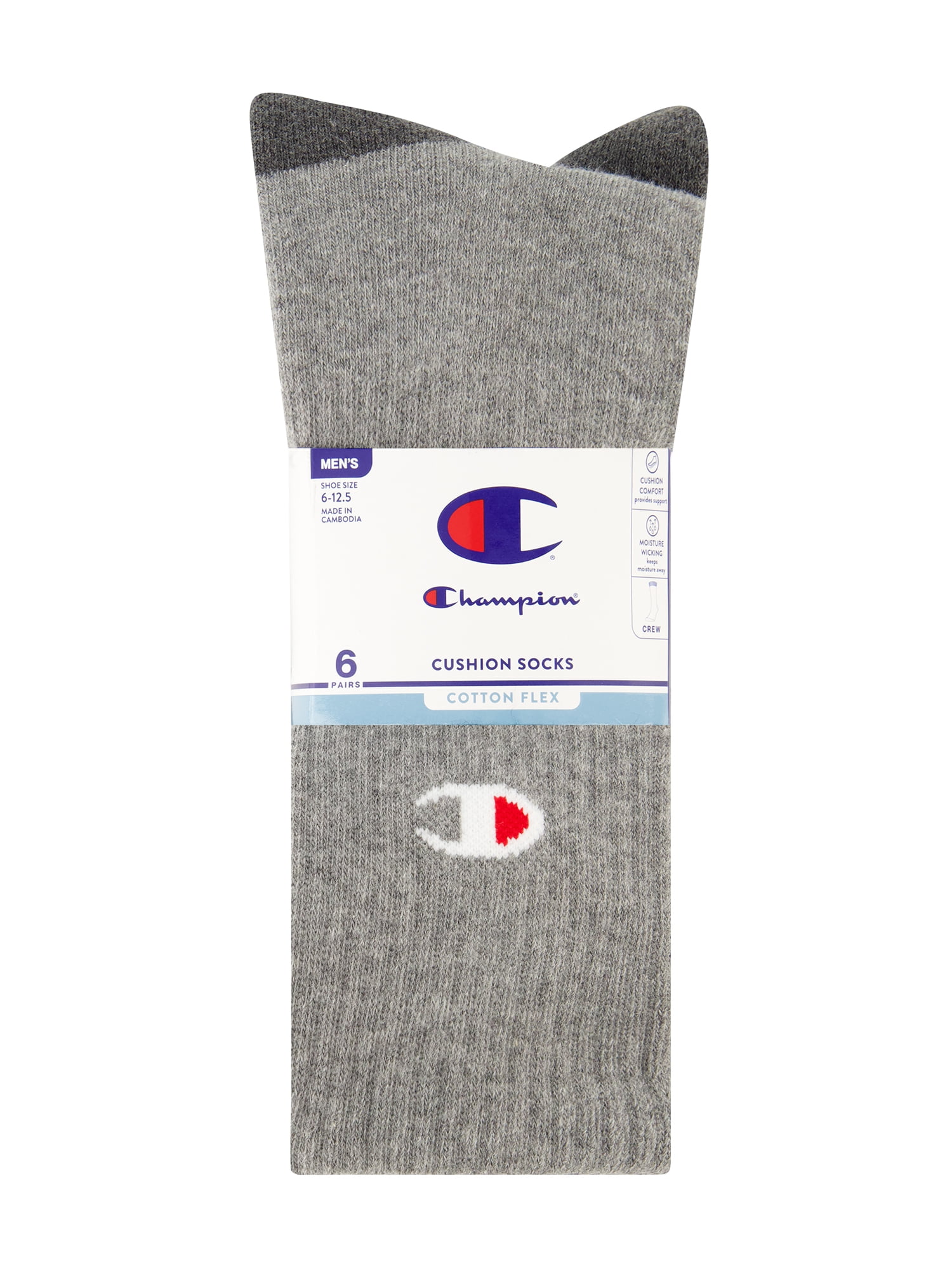 Champion Men’s Crew Socks 6 Pack – Half Terry Cushion, Moisture-Wicking, Arch Support, Stretch Comfort, Sizes 6–12.5