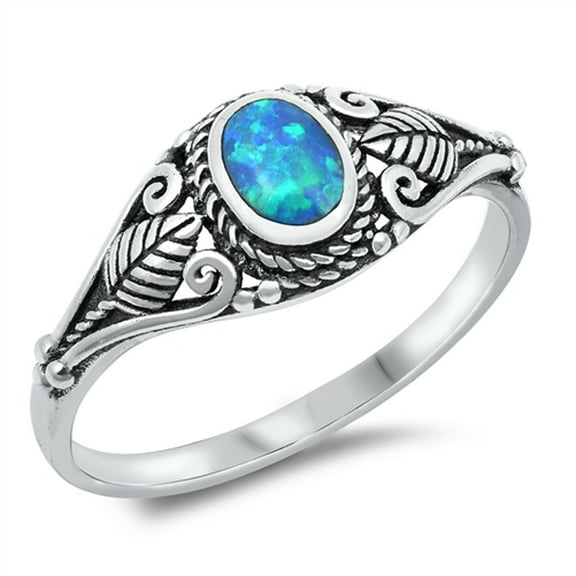 CHOOSE YOUR COLOR Blue Simulated Opal Ornate Rope Knot Leaf Detail Band Sterling Silver Ring CZ Female Size 4