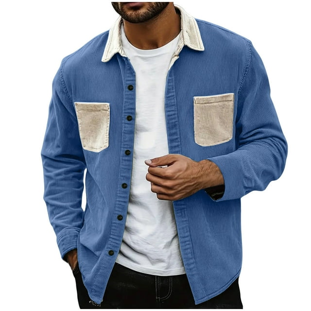 Plebaso Men's Corduroy Button down Shirts Long Sleeve Jacket Color Block Casual Shacket with Pockets
