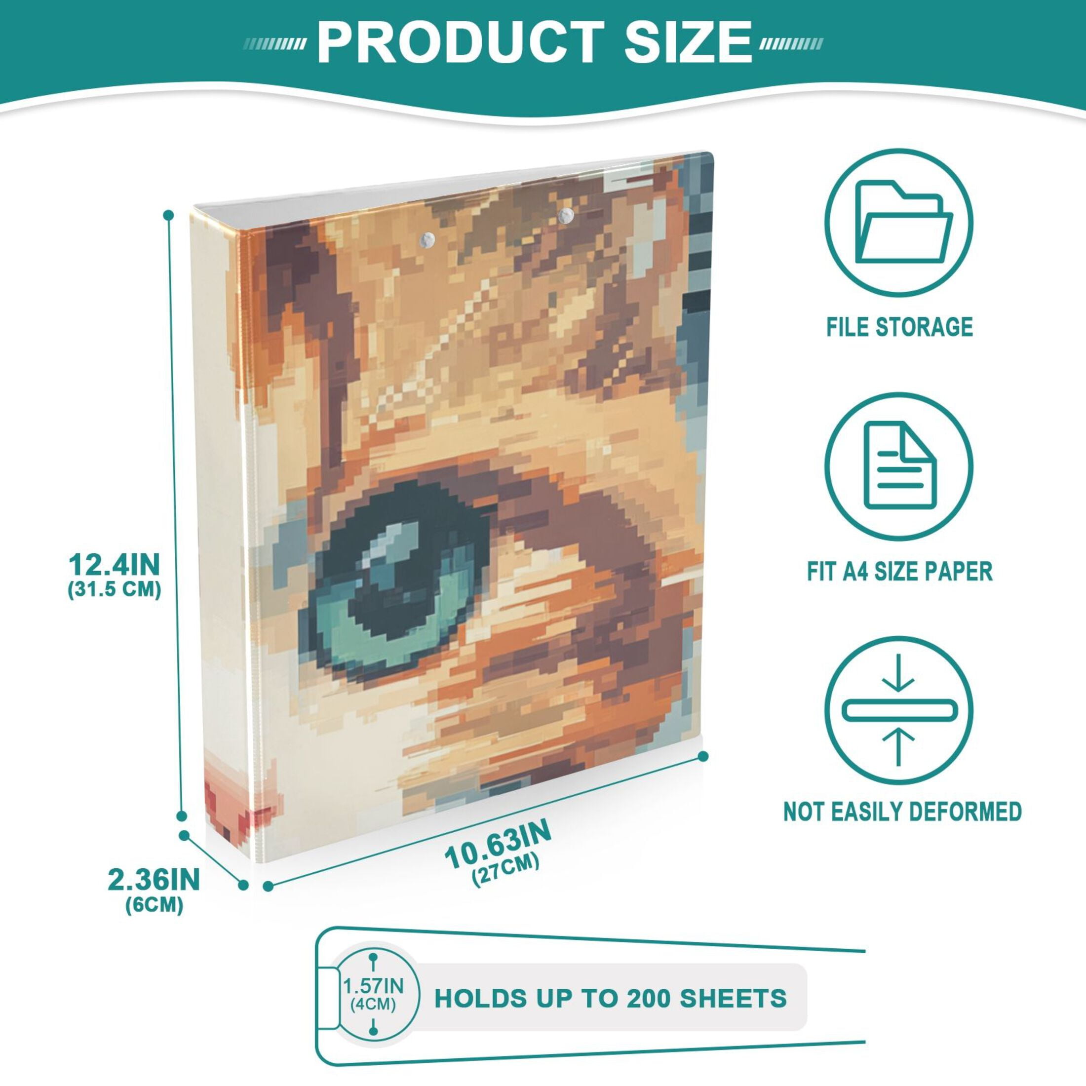 Cat Pixel 3 Ring Binders 1.5 inch Hardcover File Folders with Interior Pockets A4 Size Organizer for School Office Hospital