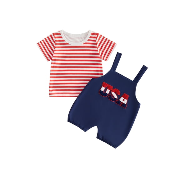 BemeyourBBs Toddler Baby Boy Girl 4th of July Outfit Patriot Independence Day Outfit Newborn Baby Boys Girls Summer Clothes Short Sleeve Stars Stripe Print T Shirt Tops and Suspender Shorts Set