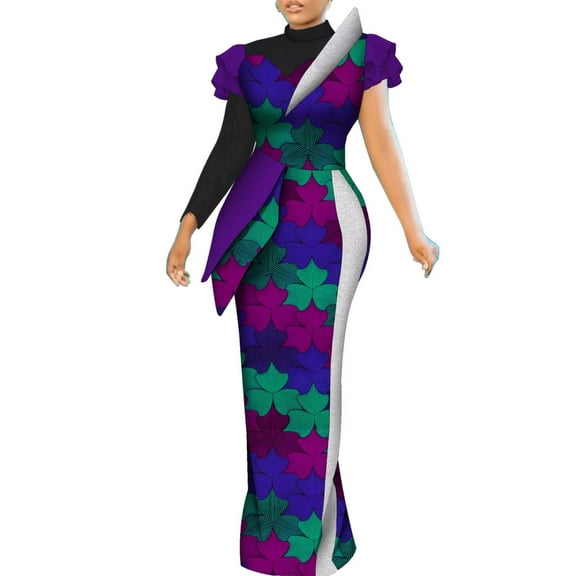 BintaRealWax African Women's Long Dress Black Veil Neckline and Long Sleeves Elegant Banquet Dresses Wax Printed Pure Cotton Fabric