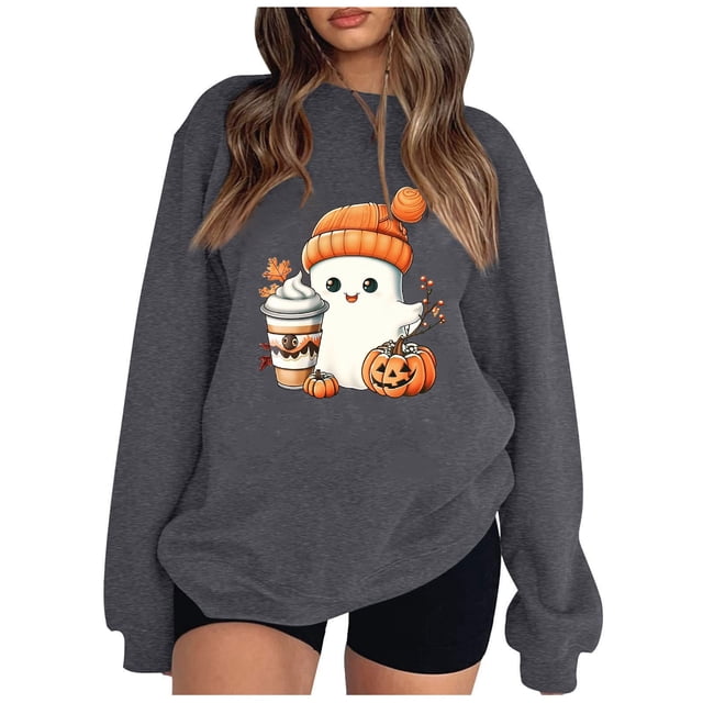 Pisexur Chandail en Molleton d'Halloween pour Femmes en Molleton Ample Automne Orange Manches Longues Col Rond Mode Citrouille Graphique Chandails en Molleton Chandails à Capuchon d'Halloween Pull