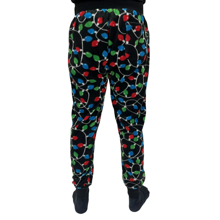 followMe Men's Microfleece Buffalo Plaid Pajama Pants with Pockets:  Comfortable Joggers (Xmas Lights Jogger, Large) 