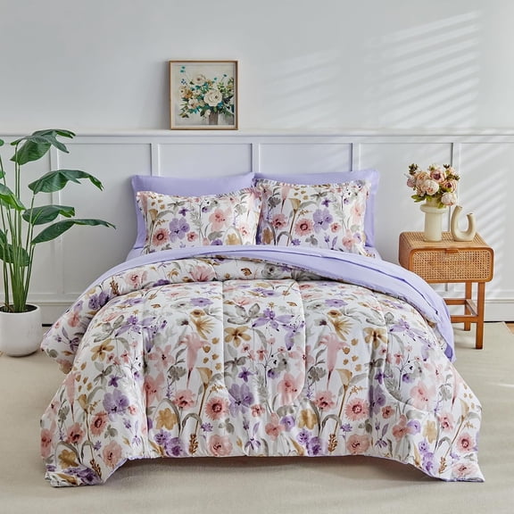 Floral Comforter Set 7 count White with Bed in a Bag Size Reversible Bedding Set (1 Comforter 2 Pillow Shams 1 Flat Sheet 1 Fitted Sheet 2 Pillowcases)
