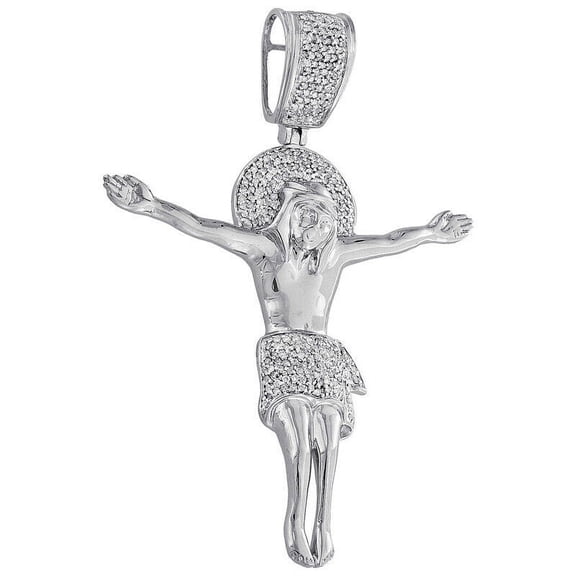 Real Natural Diamonds Crucifix Jesus Pendant Cross Designer Charm 10K White Gold Finish 2.50''