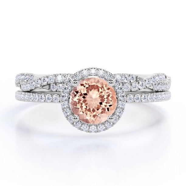 JeenMata Anillo Nupcial con Diseño Infinito de Pavé de Moissanita y Morganita de Talla Brillante Redonda de 1,5 Quilates Engastado con Halo de Cuatro Puntas Engastado en Plata