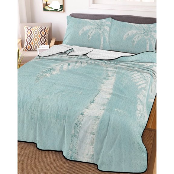 King Quilt Bedding Set, Summer Coconut Tree Teal Gradient Lightweight Coverlet Summer Comforter Set Soft Microfiber Bedspread, Seaside Beach 3 Piece Quilt Set with 2 Pillow Shams
