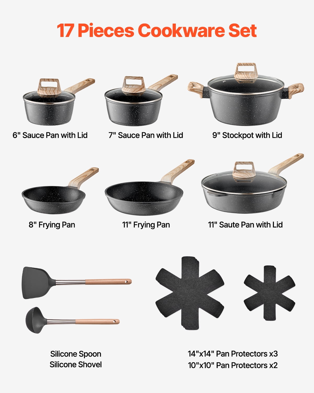 VEVOR 17 Piece Pots and Pans Set Nonstick, Granite Cookware Set, Induction Cookwares, Kitchen RV Cooking Sets with Frying, Sauce, Saute, Tempered Glass Lids, and Pan Protectors, Black