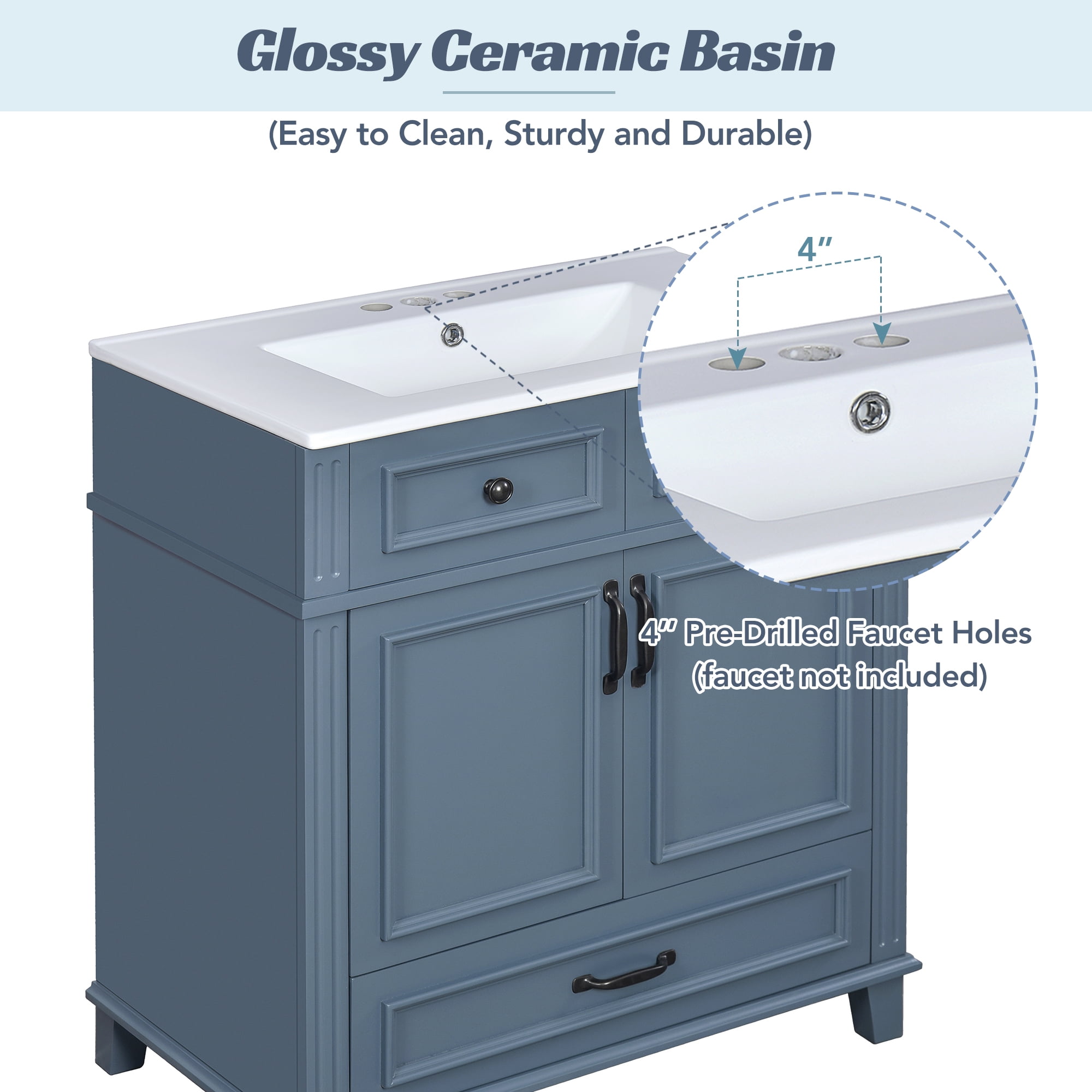 30 Inch Retro Bathroom Vanity with Ceramic Sink Solid Wood Storage Cabinet Soft Closing Doors Blue