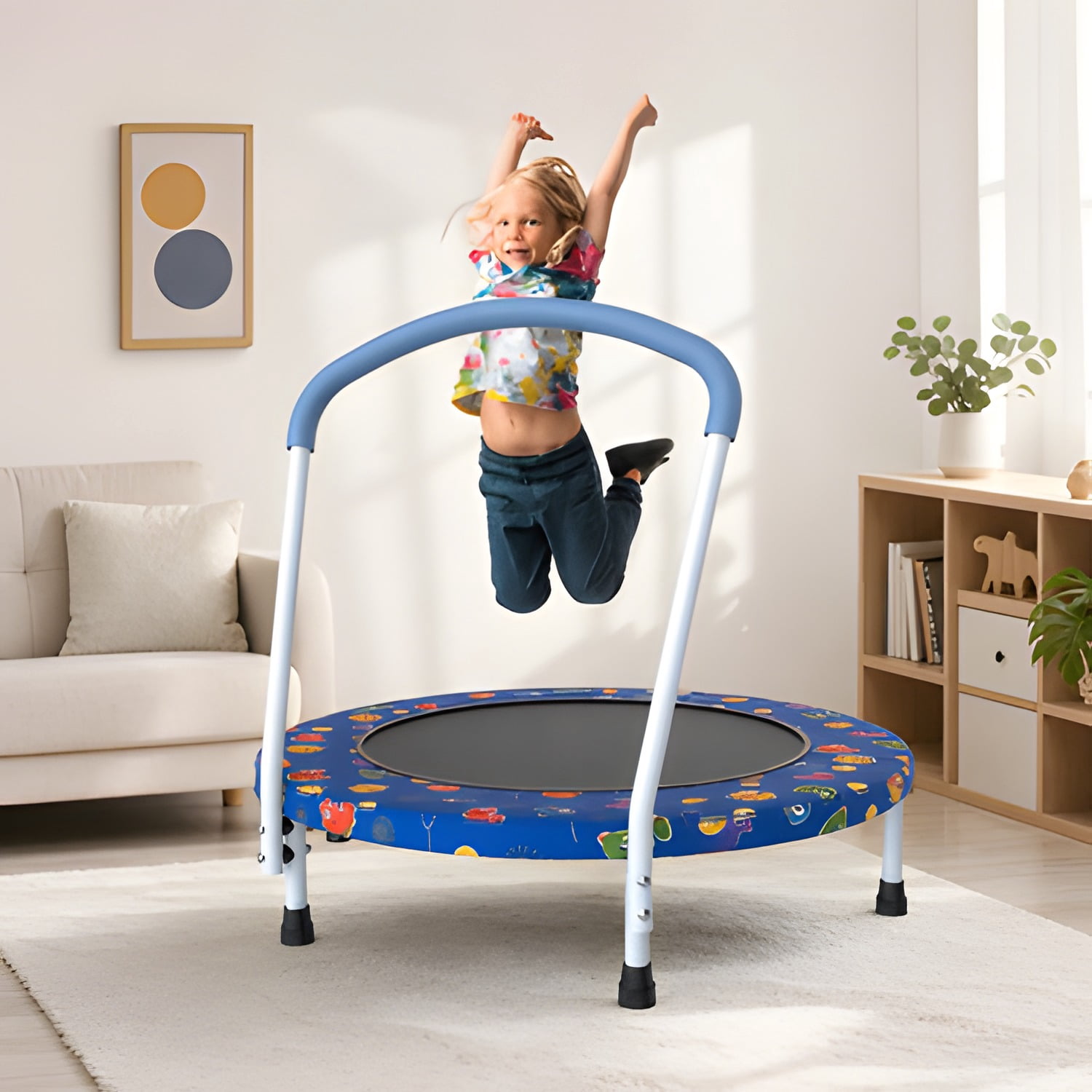36 Inch Mini Trampoline for Kids Ages 1-6, Indoor Outdoor Toddler Trampoline with Stable Handle, Printed Safety Cover, Non-Slip Rubber Feet, 150LBS Weight Capacity